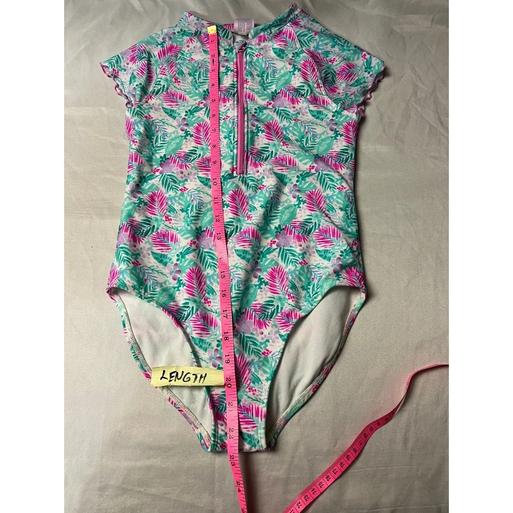 More Than Magic Girls Tropical Palm Print Quarter Zip One Piece Swimsuit L 10/12